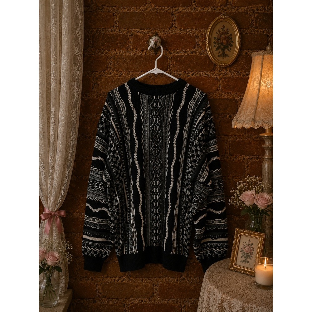 Le Tigre Vintage 3D Textured Knit Sweater Mens Black Grey White Geometric XL